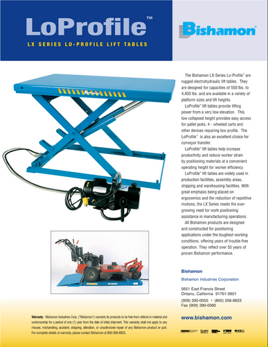 Bishamon Lo-Profile LX-100W Scissor Lift Table, Capacity 2,200 lbs Bishamon Lo-Profile LX-100W Scissor Lift Table, Capacity 2,200 lbs