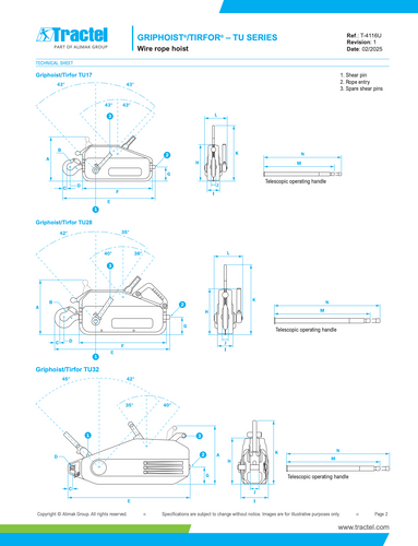 Tractel Griphoist / Tirfor TU32 Manual Wire Rope Hoist – 3.2 Ton Capacity, 50 ft (15 m) Assembly