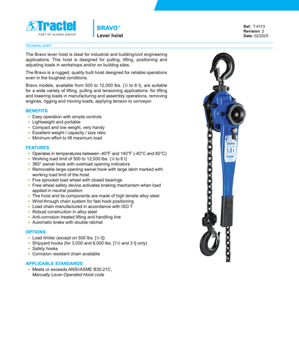 Tractel Bravo Lever Hoist 6 T (12,000 lb) – 10‑ft Lift