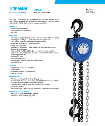 Tractel Tralift Manual Chain Hoist 5 Ton (10,000 lbs.) with 10-ft. Lift, Chain Size 10 x 30 mm
