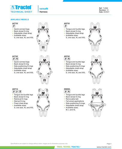 Tractel Versafit Full-Body Harness with Tongue & Buckle Legs, Dorsal, Retrieval, and Sternal D-Rings – Size XXL