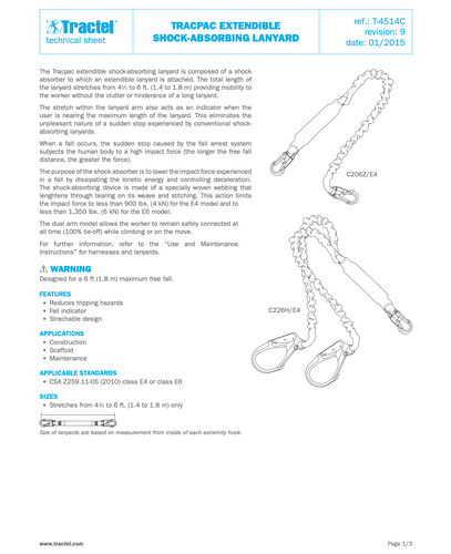 Tractel Tracpac F2 Extendible Rescue Twin-Leg Shock-Absorbing Lanyard – 6 ft., Dual Shock Absorbers CAY226H/R