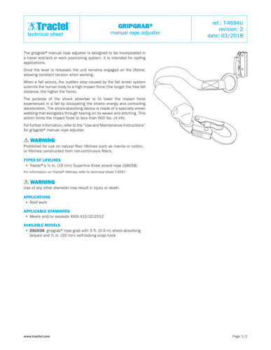 Tractel 3 ft. Shock-Absorbing Lanyard & Manual Rope Adjuster D5U03K Tractel 3 ft. Shock-Absorbing Lanyard & Manual Rope Adjuster D5U03K