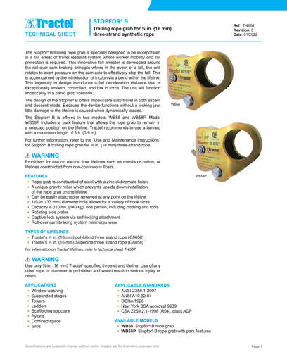 Tractel Stopfor B 5/8 in. Trailing Rope Grab – WB58 Tractel Stopfor B 5/8 in. Trailing Rope Grab – WB58