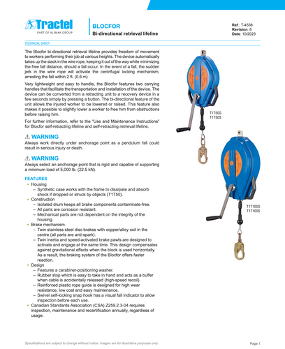 Tractel Blocfor R Bi-Directional Retrieval Lifeline – 100 ft. Stainless Steel Wire Rope - T1T100S