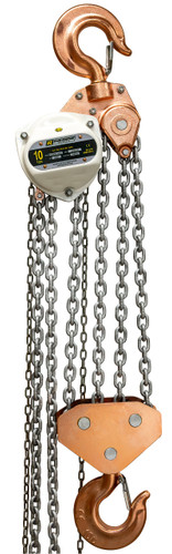 10 T Spark Resistant Chain Hoist 30 ft lift Custom rigging available. Standards – CE, ATEX 94/9EC (Ex II 2 GD c llC T4 IIIC T135°C), AS1418.2, ASME B30.16 10 T Spark Resistant Chain Hoist 30 ft lift Custom rigging available. Standards – CE, ATEX 94/9EC (Ex II 2 GD c llC T4 IIIC T135°C), AS1418.2, ASME B30.16