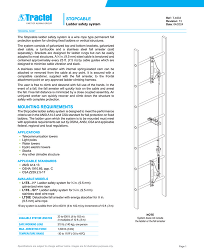 Tractel Stopcable Ladder Safety System with Standard Upper Bracket, 100 ft. Galvanized Steel Wire Rope - L1T8100/1 Tractel Stopcable Ladder Safety System with Standard Upper Bracket, 100 ft. Galvanized Steel Wire Rope - L1T8100/1