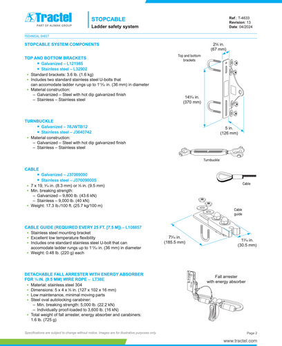 Tractel Stopcable Ladder Safety System with Standard Upper Bracket, 130 ft. Galvanized Steel Wire Rope - L1T8130/1 Tractel Stopcable Ladder Safety System with Standard Upper Bracket, 130 ft. Galvanized Steel Wire Rope - L1T8130/1