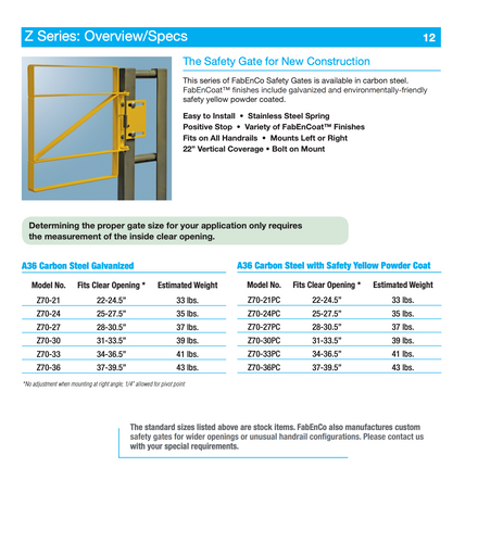 Tractel Z Series – Self-Closing Safety Gate for New Construction – 34"–36.5", Carbon Steel, Galvanized – Z70-33