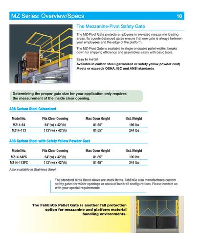 Tractel MZ SERIES – Pivoting Mezzanine Safety Gate – 64”W x 42”H, Carbon Steel, Galvanized - MZ14-64