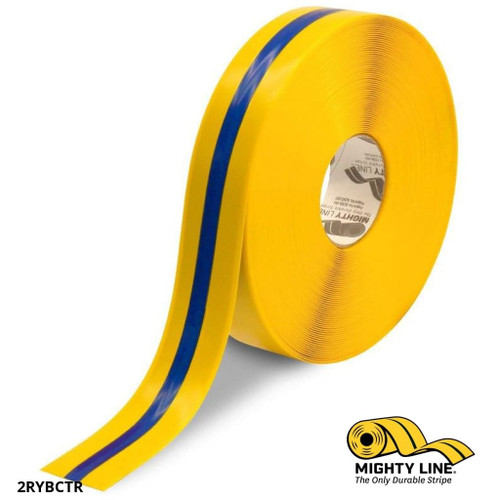 Mighty Line 2" Yellow Tape with Blue Center Line - 100' Roll - Safety Floor Tape