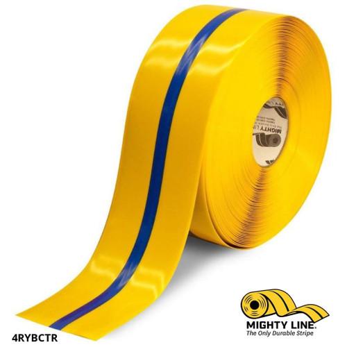 Mighty Line 4" Yellow Tape with Blue Center Line - 100' Roll - Safety Floor Tape