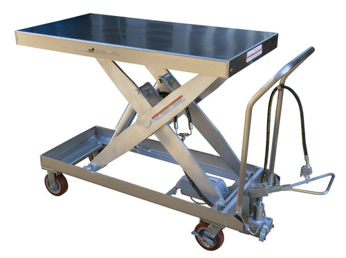 Vestil Partially Stainless Steel Air/Hydraulic Scissor Lift Cart 24 In x 47-1/4 In Platform With Poly-On-Poly Casters - 2,000 lb - Silver