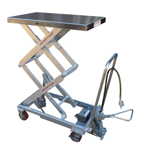 Vestil Partially Stainless Steel Air/Hydraulic Scissor Lift Cart - 20 In. x 35-1/2 In. Platform With Poly-On-Poly Casters 800 lb - Silver