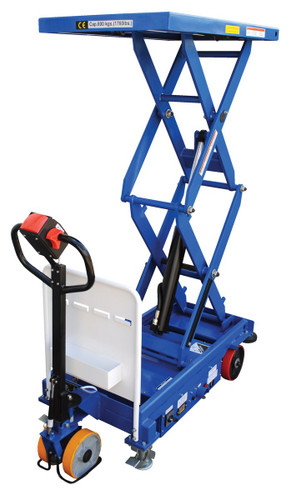 Vestil Steel Double Powered Drive and Powered Lift Hydraulic Double Scissor Cart - 24 In. x 40 In. 1000 lb - Blue