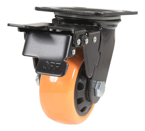 Vestil Polyurethane Swivel With Total Brake Caster - 4 In. Diameter x 2 In. Width 594 lb - Orange/Black