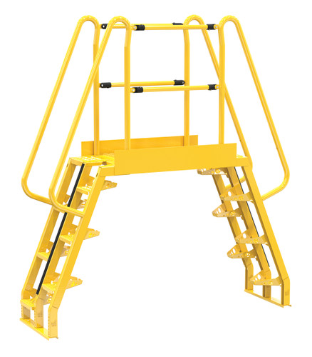 Vestil Steel Alternating Crossover Ladder 14 Step - 68 Degrees 83 In. x 91 In. 350 lb - Yellow