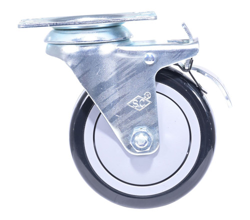 Vestil Polyurethane/Polyolefin Total Lock Swivel Caster - 4 In. Diameter x 1-1/4 In. Width 3/8 In. Single Ball Bearing, 2-3/8 In. x 3-5/8 In. Top Plate, 350 lb - Black/Gray