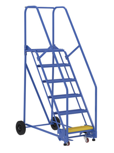 Vestil Steel Rolling Warehouse Ladder - 58 Degree 6 Grip Strut 23-9/16 In. Step Width 350 lb - Blue