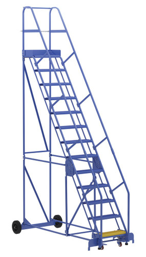 Vestil Steel Rolling Warehouse Ladder - 58 Degree 13 Grip Strut 23-9/16 In. Step Width 350 lb - Blue