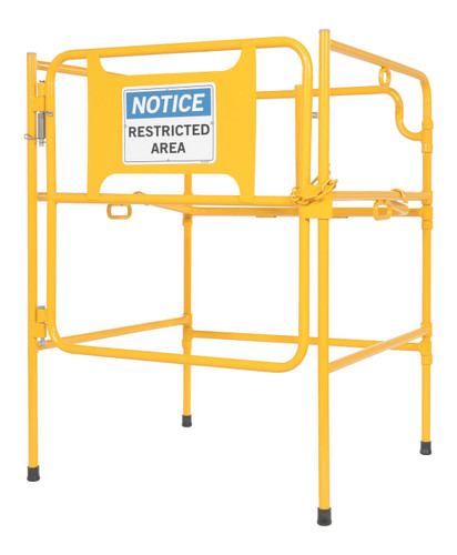 Vestil Steel Manhole Guard Rail with Aluminum Sign - 31 In. x 30 In. Notice Restricted Area Sign Message - Yellow