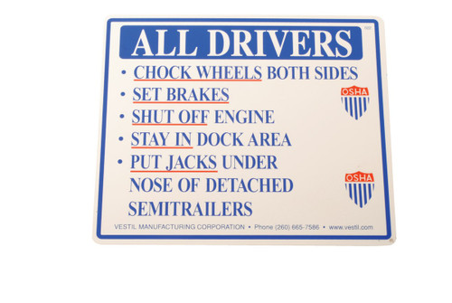 Vestil Aluminum Instruction Sign Driver Beware - 1/8 In. x 11-3/4 In. x 9-3/4 In. - White