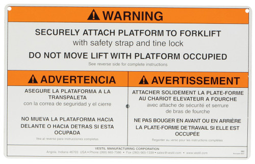 Vestil Aluminum Warning Sign With Hardware For Work Platforms - White