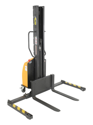 Vestil Steel Narrow Mast Stacker DC Powered - 63 In. Raised Height Adjustable Forks and Support Legs 1,000 lb - Yellow