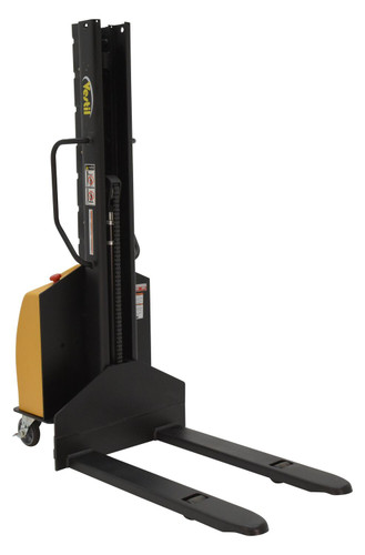 Vestil Steel Narrow Mast Stacker DC Powered - 63 In. Raised Height Fixed Forks 45-1/4 In. Fork Length 1,000 lb - Yellow