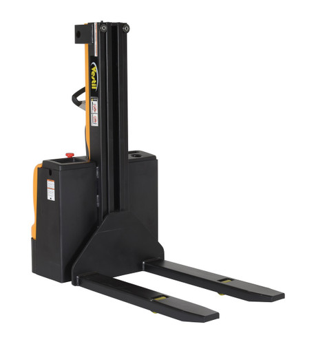 Vestil Steel Narrow Mast Stacker DC Powered - 90 In. Raised Height Fixed Fork 27 In. Fork Width 2,500 lb Black / - Yellow