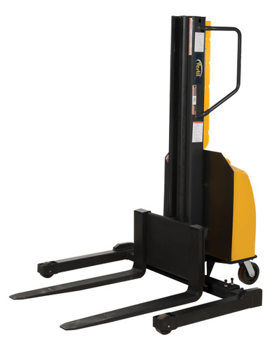 Vestil Steel Narrow Mast Stacker DC Powered - 118 In. Raised Height Adjustable Forks and Support Legs 1,500 lb - Yellow