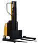 Vestil Steel Narrow Mast Stacker DC Powered - 98 In. Raised Height Adjustable Forks and Support Legs 1,500 lb - Yellow