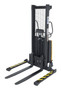 Vestil Steel Adjustable Stacker with Powered Lift - 63 In. Raised Height 2,000 lb - Black/Yellow
