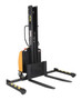 Vestil Steel Narrow Mast Stacker DC Powered - 63 In. Raised Height Adjustable Forks and Support Legs 1,500 lb - Yellow