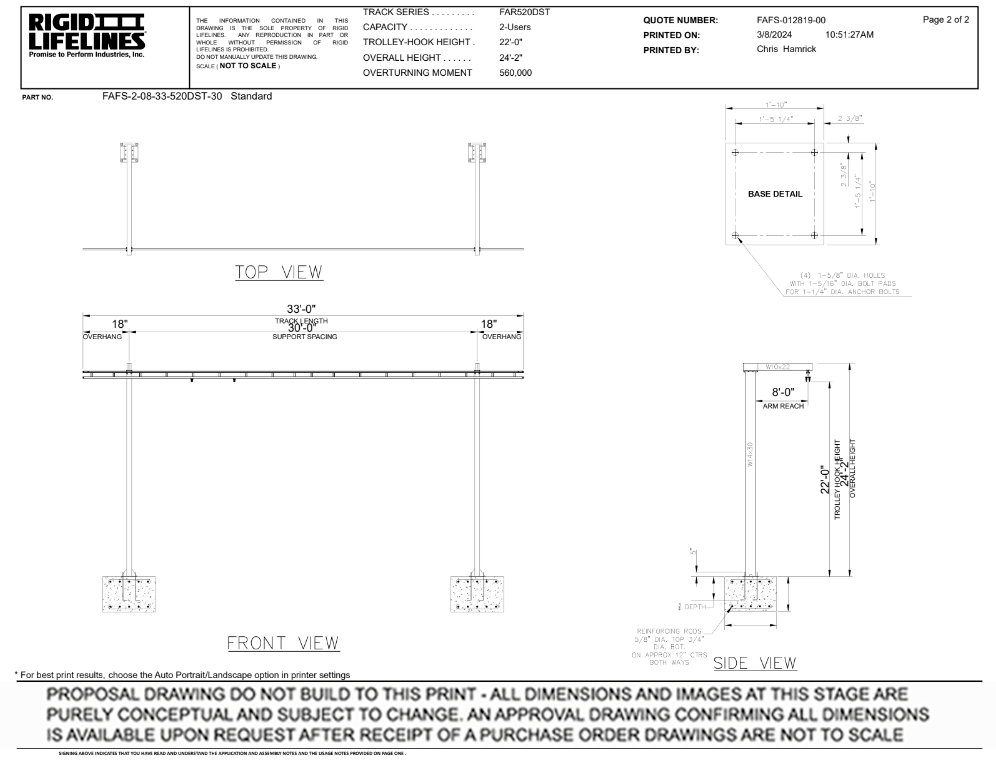Inverted-L Anchor Track System 1-Person, 30' Support Spacing 33', Arm Reach: 8'-0 FAFS-2-08-33-520DST-30 Rigid Lifelines