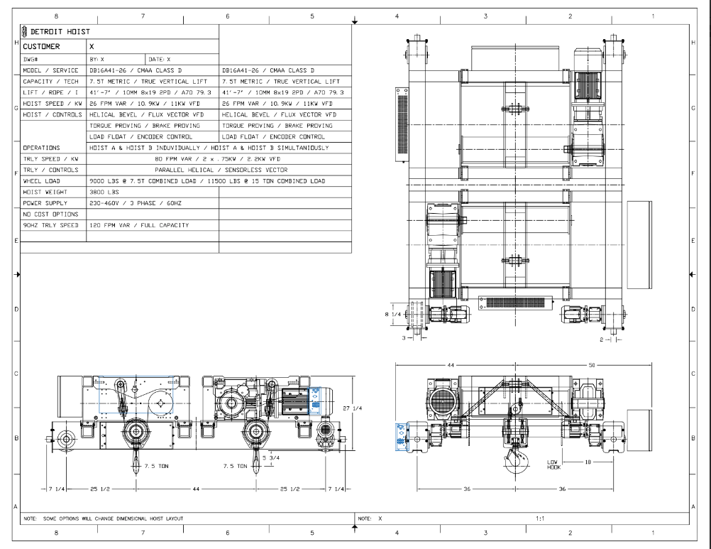 Top Running Double Girder Main / Auxiliary, Capacity: 8.25 Ton / 8.25 Ton, Hoist Lift Speed: 26.00 FPM Max / 26.00 FPM Max, Trolley Speed: 80.00 FPM Max, Trolley Gauge: 72.0000", DB16A41-26-DB16A41-26 Detroit Top Running Double Girder Main / Auxiliary, Capacity: 8.25 Ton / 8.25 Ton, Hoist Lift Speed: 26.00 FPM Max / 26.00 FPM Max, Trolley Speed: 80.00 FPM Max, Trolley Gauge: 72.0000", DB16A41-26-DB16A41-26 Detroit