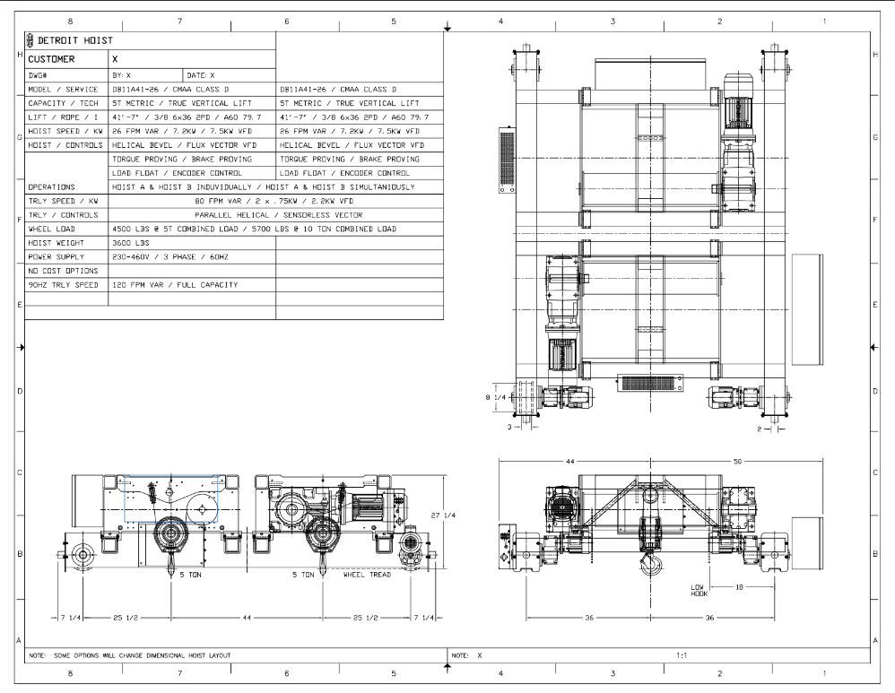 Top Running Double Girder Main / Auxiliary, Capacity: 5.50 Ton / 5.50 Ton, Hoist Lift Speed: 26.00 FPM Max / 26.00 FPM Max, Trolley Speed: 80.00 FPM Max, Trolley Gauge: 72.0000", DB11A41-26-DB11A41-26, Detroit Top Running Double Girder Main / Auxiliary, Capacity: 5.50 Ton / 5.50 Ton, Hoist Lift Speed: 26.00 FPM Max / 26.00 FPM Max, Trolley Speed: 80.00 FPM Max, Trolley Gauge: 72.0000", DB11A41-26-DB11A41-26, Detroit