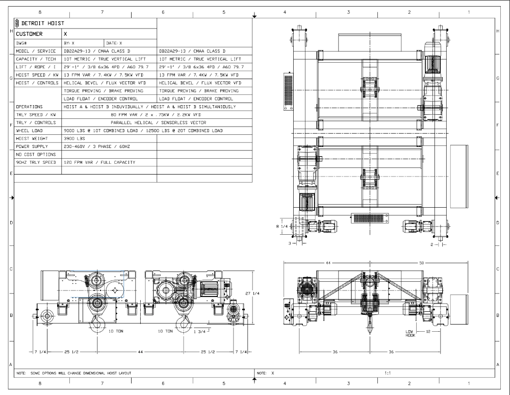 Top Running Double Girder Main / Auxiliary, Capacity: 11.00 Ton / 11.00 Ton, Hoist Lift Speed: 13.00 FPM Max / 13.00 FPM Max, Trolley Speed: 80.00 FPM Max, Trolley Gauge: 72.0000", DB22A29-13-DB22A29-13, Detroit