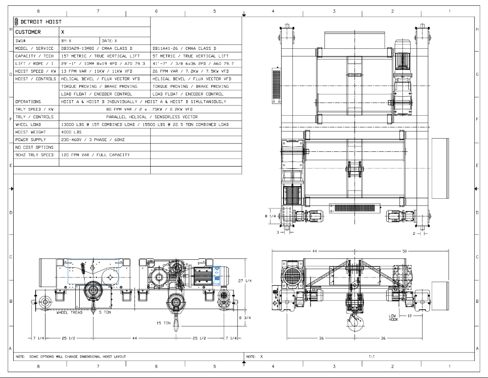 Top Running Double Girder Main / Auxiliary, Capacity: 16.50 Ton / 5.50 Ton, Hoist Lift Speed: 13.00 FPM Max / 26.00 FPM Max, Trolley Speed: 80.00 FPM Max, Trolley Gauge: 72.0000", DB33A29-13-DB11A41-26, Detroit