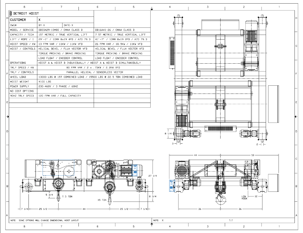 Top Running Double Girder Main / Auxiliary, Capacity: 16.50 Ton / 8.25 Ton, Hoist Lift Speed: 13.00 FPM Max / 26.00 FPM Max, Trolley Speed: 80.00 FPM Max, Trolley Gauge: 72.0000", DB33A29-13-DB16A41-26, Detroit Top Running Double Girder Main / Auxiliary, Capacity: 16.50 Ton / 8.25 Ton, Hoist Lift Speed: 13.00 FPM Max / 26.00 FPM Max, Trolley Speed: 80.00 FPM Max, Trolley Gauge: 72.0000", DB33A29-13-DB16A41-26, Detroit