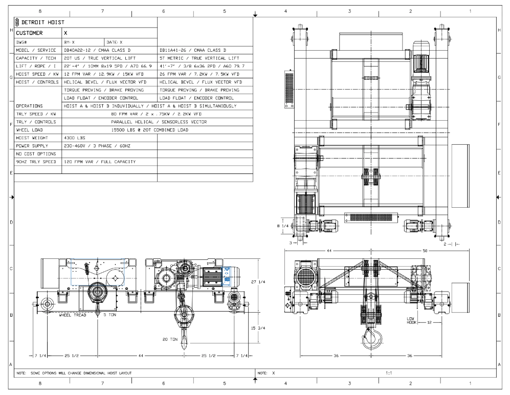 Top Running Double Girder Main / Auxiliary, Capacity: 20.00 Ton / 5.50 Ton, Hoist Lift Speed: 12.00 FPM Max / 26.00 FPM Max, Trolley Speed: 80.00 FPM Max, Trolley Gauge: 72.0000", DB40A22-12-DB11A41-26, Detroit Top Running Double Girder Main / Auxiliary, Capacity: 20.00 Ton / 5.50 Ton, Hoist Lift Speed: 12.00 FPM Max / 26.00 FPM Max, Trolley Speed: 80.00 FPM Max, Trolley Gauge: 72.0000", DB40A22-12-DB11A41-26, Detroit