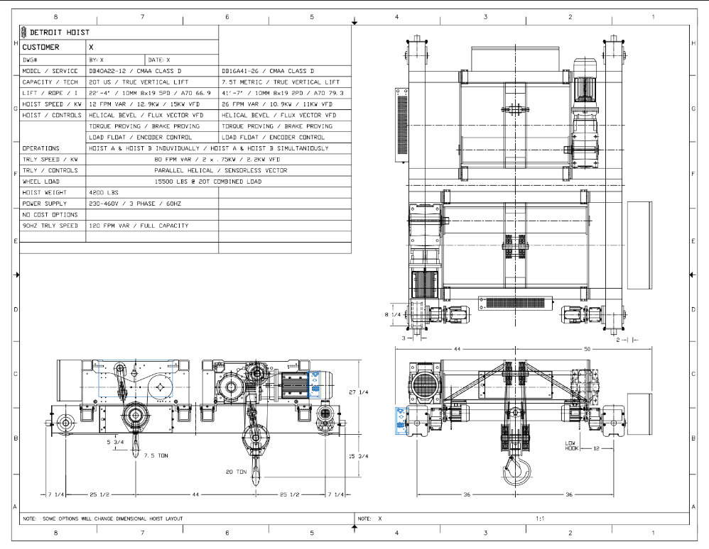 Top Running Double Girder Main / Auxiliary, Capacity: 20.00 Ton / 8.25 Ton, Hoist Lift Speed: 12.00 FPM Max / 26.00 FPM Max, Trolley Speed: 80.00 FPM Max, Trolley Gauge: 72.0000", DB40A22-12-DB16A41-26, Detroit Top Running Double Girder Main / Auxiliary, Capacity: 20.00 Ton / 8.25 Ton, Hoist Lift Speed: 12.00 FPM Max / 26.00 FPM Max, Trolley Speed: 80.00 FPM Max, Trolley Gauge: 72.0000", DB40A22-12-DB16A41-26, Detroit