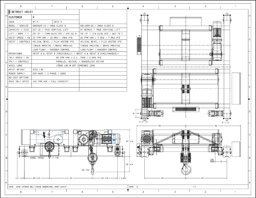Top Running Double Girder Main / Auxiliary, Capacity: 20.00 Ton / 5.50 Ton, Hoist Lift Speed: 12.00 FPM Max / 26.00 FPM Max, Trolley Speed: 80.00 FPM Max, Trolley Gauge: 84.0000", DB40A29-12-DB11A59-26, Detroit Top Running Double Girder Main / Auxiliary, Capacity: 20.00 Ton / 5.50 Ton, Hoist Lift Speed: 12.00 FPM Max / 26.00 FPM Max, Trolley Speed: 80.00 FPM Max, Trolley Gauge: 84.0000", DB40A29-12-DB11A59-26, Detroit