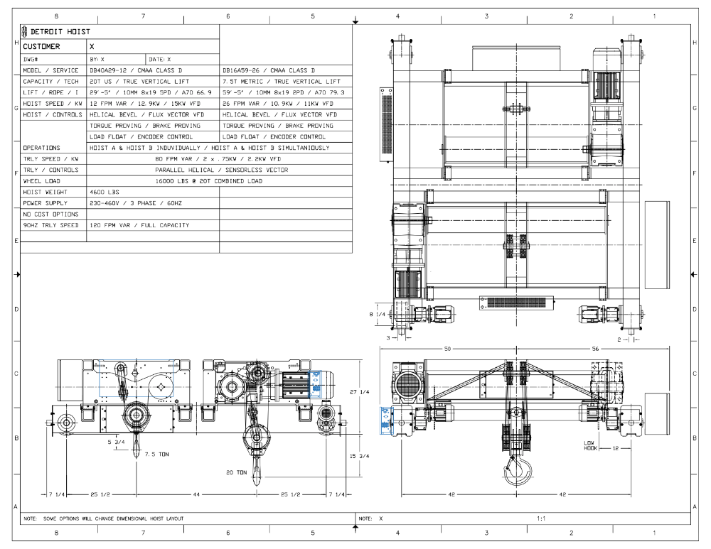 Top Running Double Girder Main / Auxiliary, Capacity: 20.00 Ton / 8.25 Ton, Hoist Lift Speed: 12.00 FPM Max / 26.00 FPM Max, Trolley Speed: 80.00 FPM Max, Trolley Gauge: 84.0000", DB40A29-12-DB16A59-26, Detroit Top Running Double Girder Main / Auxiliary, Capacity: 20.00 Ton / 8.25 Ton, Hoist Lift Speed: 12.00 FPM Max / 26.00 FPM Max, Trolley Speed: 80.00 FPM Max, Trolley Gauge: 84.0000", DB40A29-12-DB16A59-26, Detroit
