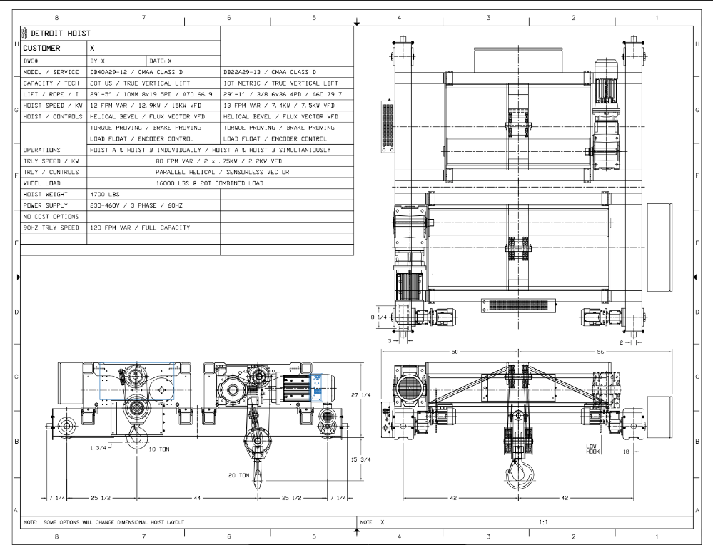 Top Running Double Girder Main / Auxiliary, Capacity: 20.00 Ton / 11.00 Ton, Hoist Lift Speed: 12.00 FPM Max / 13.00 FPM Max, Trolley Speed: 80.00 FPM Max, Trolley Gauge: 84.0000", DB40A29-12-DB22A29-13, Detroit