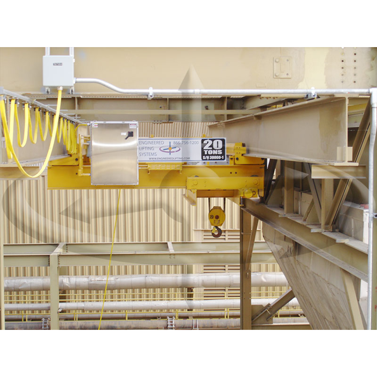 Detroit Hoist Top Running Double Girder Crane (Main/Auxiliary), 20 Ton / 11 Ton Capacity, 12 FPM / 13 FPM Lift Speed, 80 FPM Trolley Speed, 84" Trolley Gauge, Model DB40A29-12-DB22A29-13