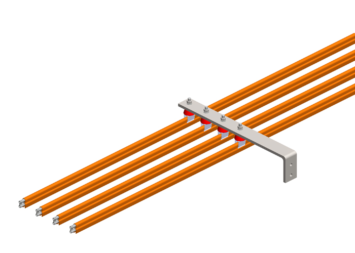 Conductix 8-Bar, Bracket, Web, with Hanger Clamps, 4 Steel Steel Snap-in, w/Insulators, 3 inch OC, 19 inch L