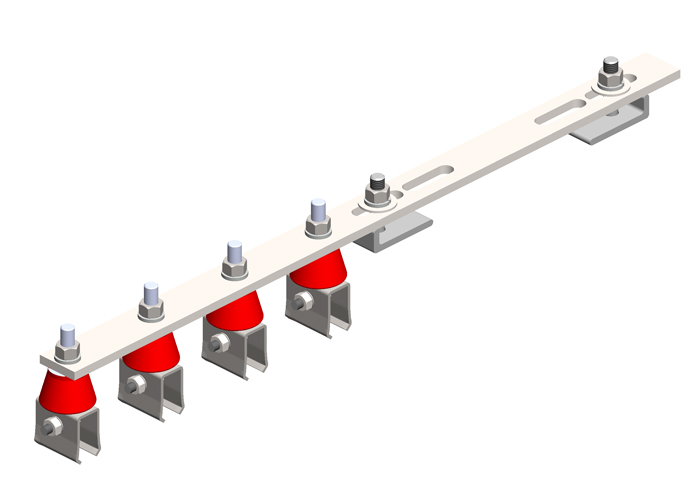 Conductix 8-Bar, Bracket, Flange, with Hanger Clamps, Steel Cross-Bolt, w/insulators, 4 on one side, 21.75 inch L