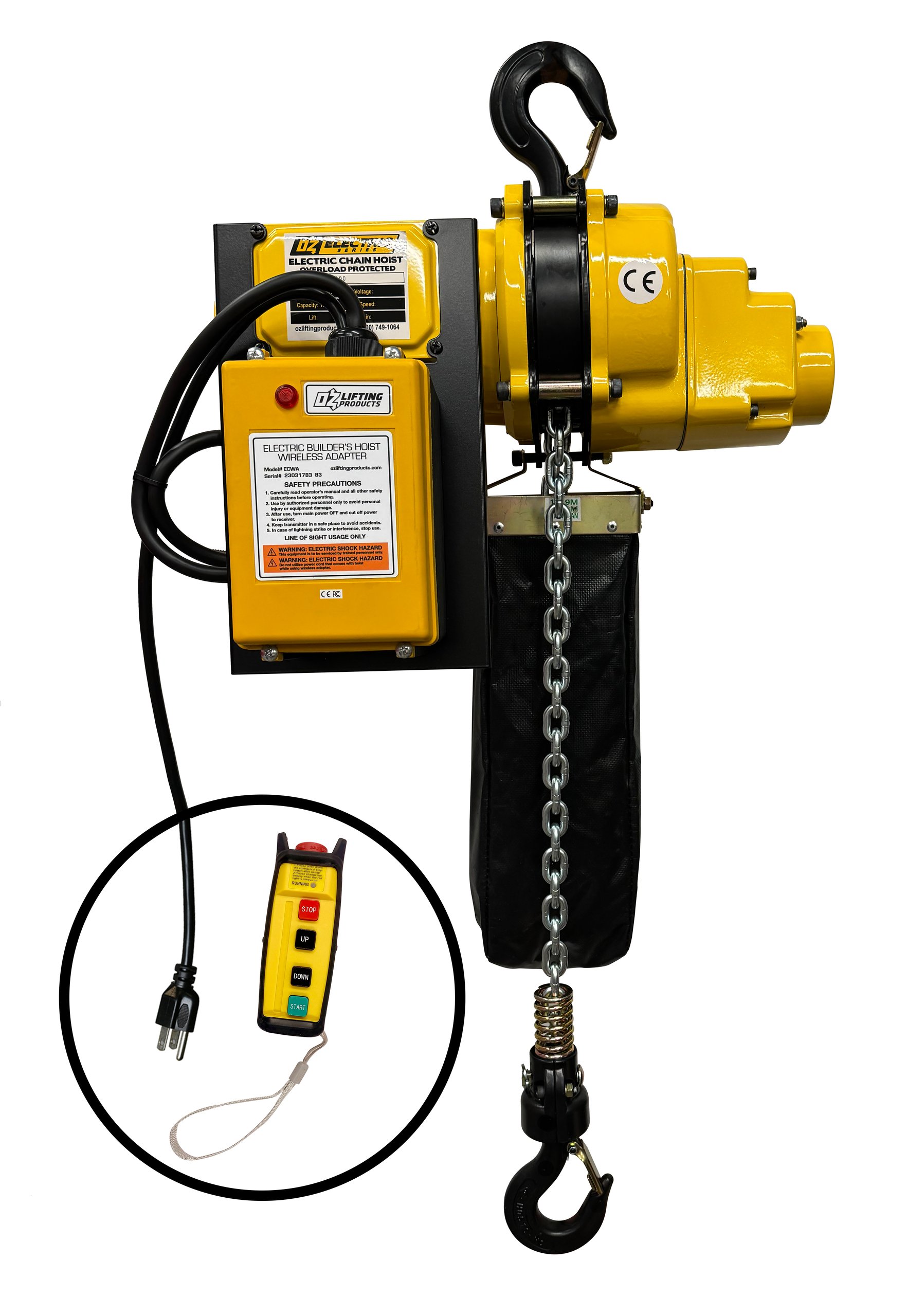 2000 lb Electric Chain Hoist with 15 ft of lift including ECWA wireless adapter 2000 lb Electric Chain Hoist with 15 ft of lift including ECWA wireless adapter