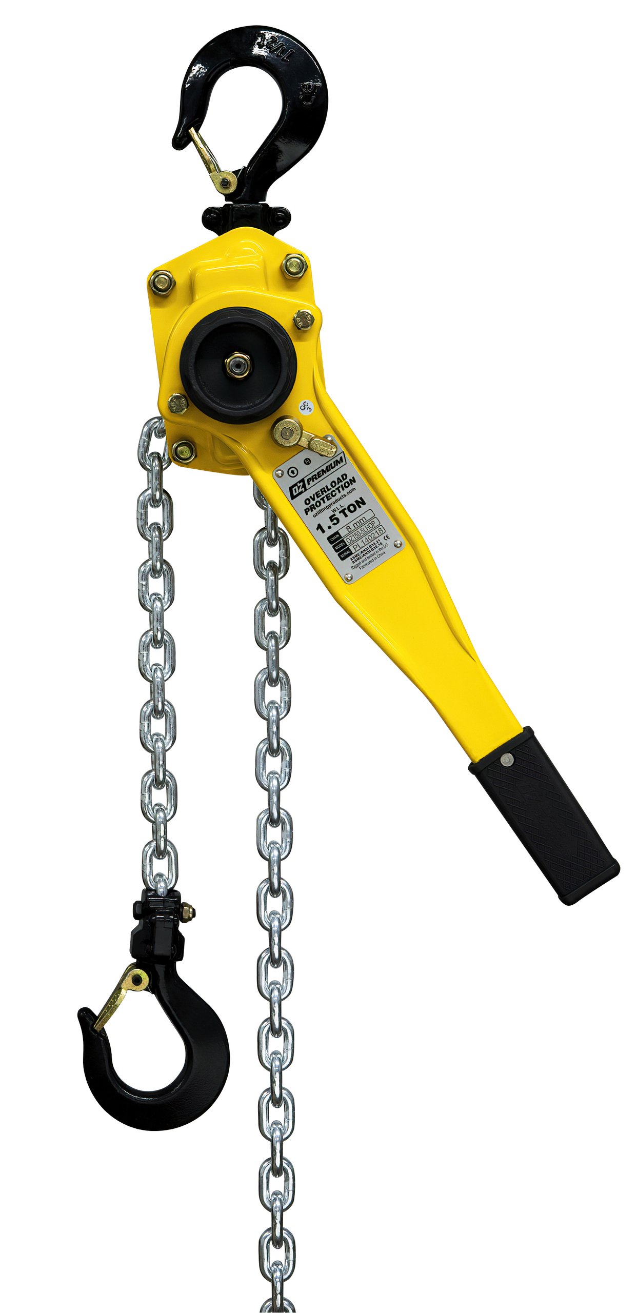 1.5 T Premium Lever Hoist 5 ft lift with overload protection Custom rigging available. Standards – CE, ASME/ANSI B30.21, AS1418.2 1.5 T Premium Lever Hoist 5 ft lift with overload protection Custom rigging available. Standards – CE, ASME/ANSI B30.21, AS1418.2